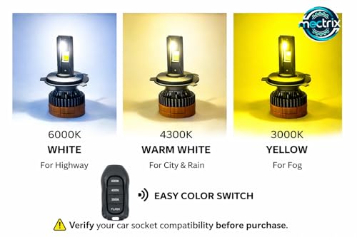 Image of 3 in 1 200W H4 LED Car Headlight Bulb - 3 colour modes (white, warm white, yellow) + flasher | 30000 LM | Plug & Play | 1 Year Replacement | Pack of 2 (H4 Socket type) with remote
