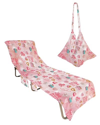 Valentines Beach Chair Towel Covers for Chaise Lounge with Side Pocket, Soft Plush Pool Towels Cover for Patio Sunbathing Outdoor 29''x85'' Watercolor Sweet Love Cake Romance Floral