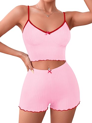 Image of Hilinker Womens Graphic Print Ribbed PJ Set Crop Cami Tops and Shorts Cute Pajamas Set