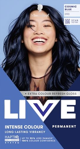 Schwarzkopf LIVE Intense Colour 090 Cosmic Blue Long-lasting Permanent Blue Black Hair Dye With Extra Colour Refresh Gloss