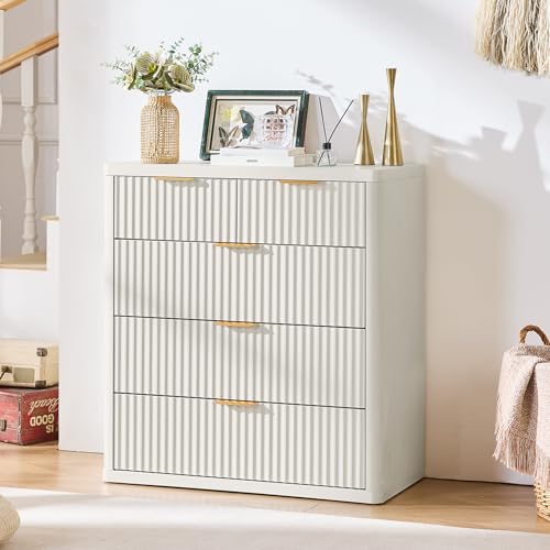 Image of LEYAOYAO Fluted 5 Drawers Dresser for Bedroom Set of 2, 34 inch Tall Modern Chest of Drawers with Metal Handle, Curved Profile Design,White Wood Drawer Organizer for Bedroom, Living Room, Hallway