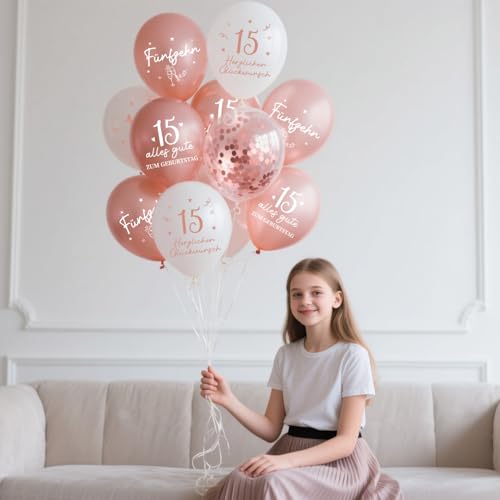 Luftballons 15 Jahre Geburtstag, 24 Stück Deko 15. Geburtstags Mädchen, 15 Alles Gute zum Geburtstag Ballons, Roségold 15. Geburtstagsdeko, 15th Birthday Ballon für Tochter