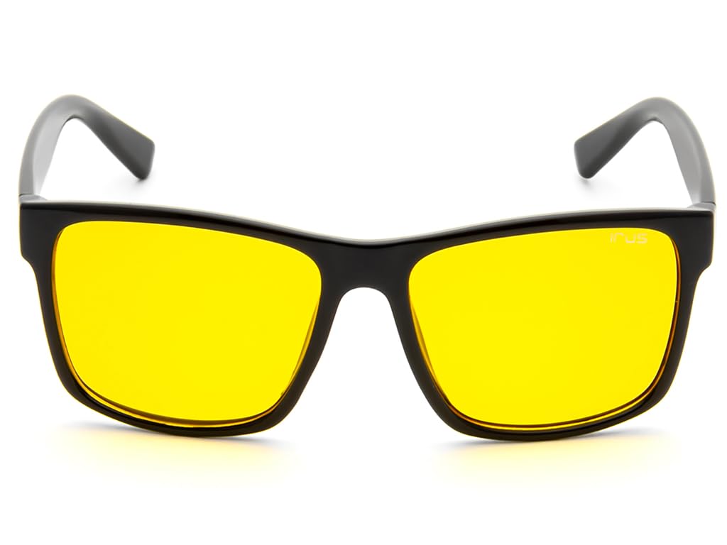 IRUS Gafas de sol 100 % protección UV sólidas de borde completo cuadradas para hombre, marco de policarbonato negro brillante, lente de policarbonato amarillo sólido