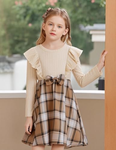 Girls Sweater Fall Dress Long Sleeve Knit Ruffle Sleeve A Line Casual Winter Dresses 4-14Y4