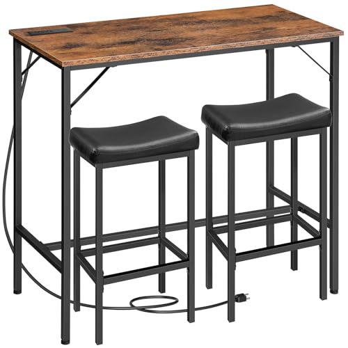 HOOBRO 3-Piece Bar Table and Chairs Set, 39.4" Pub Table, High Top Bar Table with Charging Station, 3-Piece Dining Table Kitchen Breakfast Table Set, for Kitchen, Small Space, Rustic Brown BF10UBT01