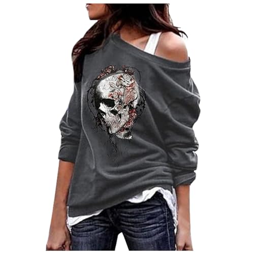 Generisch Camiseta de manga corta con estampado de Halloween para mujer, gris, XL
