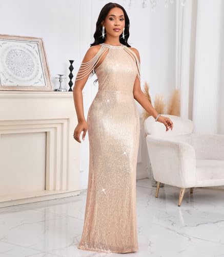 Image of Cololura Women Sexy Elegant Sequin Tassel Off Shoulder Halter Bodycon Maxi Dress Party Evening Gown Formal Dress
