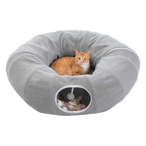 Image of PEQULTI Cat Donut Tunnel with Bed for Indoor Cats, Cat Play Tunnel with Washable Soft Plush Mat, Round Tube Toys Cute Tube for Kittens, Puppies, Rabbits and Ferrets, Grey