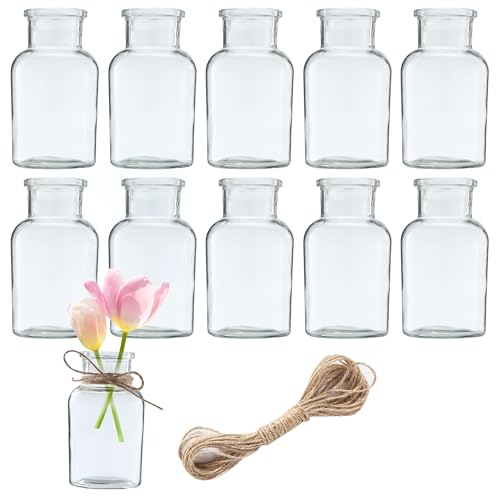 12 Stück Kleine Vasen 125ml Vasen Klein Tischdeko mit 10M Juteschnur Glasvasen FüR Tischdeko Retro Design geeignet für Hochzeitsdekoration Geburtstag Party Set (125 ML)