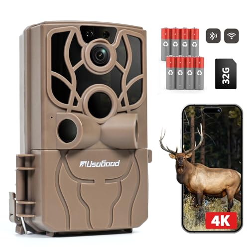 usogood Caméra de Chasse 48MP 4K,WiFi Bluetooth Camera de Chasse Connectée Telephone Surveillance Extérieure, Détection de Mouvement PIR Vision Nocturne Infrarouge,Carte Mémoire 32 Go et 8 Piles AA