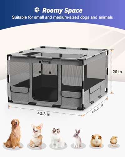 Dog Playpen, 43x43x26 Inches Puppy Playpen Portable with Top Cover, Thickened Fabric Tear Resistant Waterproof Bottom with Breathable Mesh Dog Fence for Indoor and Outdoor, Gray - Image 6
