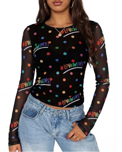 Pride Sheer Tops for Women LGBT Mesh Long Sleeve Top