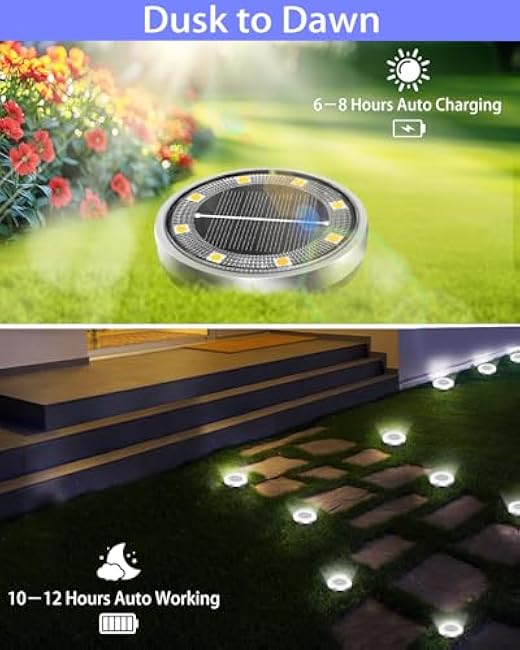 Solar Lights Outdoor Waterproof, 8 Pack 8 LED, Thickened Stainless Steel Ground Light, Solar Garden Lights Landscape Lighting for Patio Pathway Lawn Yard Deck Driveway Walkway, Cool White