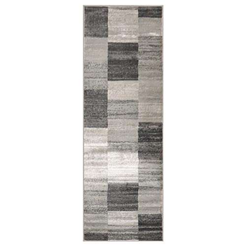 Superior Indoor Runner Rug, Jute Backed Rugs, Modern Striped Patchwork Floor Decor For Living Room, Bedroom, Dorm, Office, Entryway Kitchen, Dining, Hardwood, Blairwood Collection, 2'7" X 8', Silver #TOP1