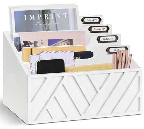 Rustic Mail Organizer Letter Sorter for Counter, Mail Holder Desktop File Organizer Holder, Countertop Desk Office Accessories Organizer for File Letter Paper Folder, White Wooden Desk Organizer