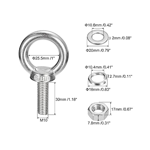 Image of uxcell Lifting Eye Bolt, 4 Sets M10x30mm Eye Bolt with Nut Washer 304 Stainless Steel Shoulder Lifting Ring Eye Bolt for Hanging Item
