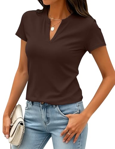 Image of Meetrendi Women's Notch V Neck T-Shirt Slim Fit Premium Cotton Blend Short Top
