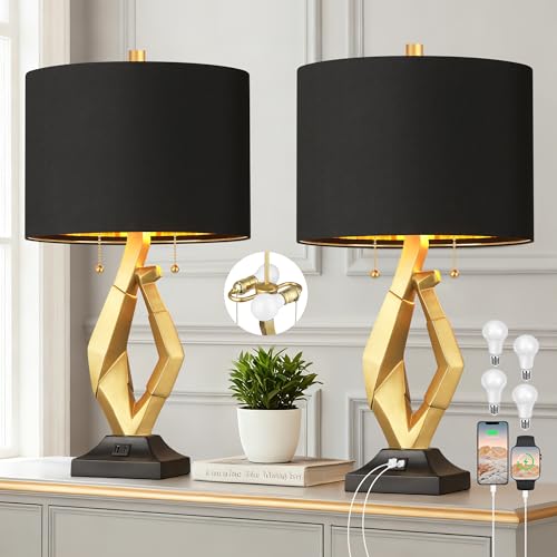 ROTTOGOON Sculptural Table Lamps Set of 2 for Living Room with USB Ports, 24.5' Modern Nightstand...