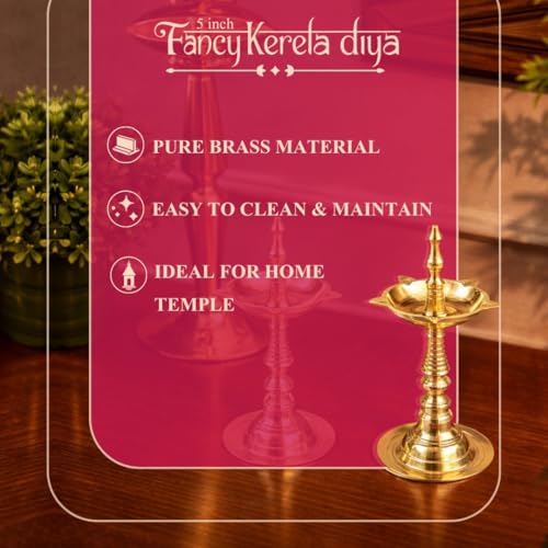 Image of Klassic 5 Inch Pure Brass Fancy Kerala Diya Oil Lamp Stand (Vilakku) | Traditional Deepam for Mandir & Temple Use | Ideal for Diwali, Navratri & Daily Worship | Set of 2