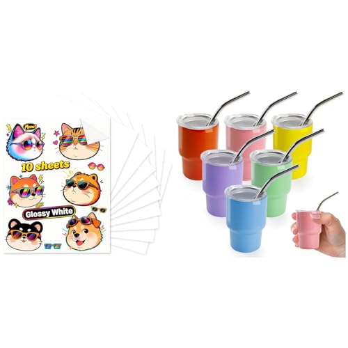 Joyclub Bundle of 10 Sheets 8.5x11 in Sublimation Sticker Paper and 3 oz Mini Tumbler Shot Glass with Straw and Lid 6 Pack