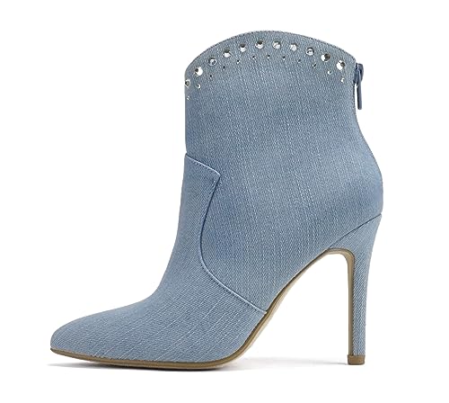 Soda “BANGLE” ~ Women Pointed Toe Stiletto High Heel Rhinestone Western Ankle Boot with Back Zipper