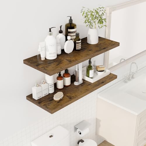 Image of Dreamland 36 inch Floating Shelves for Wall, 12 inch Deep Slim Rustic Brown Floating Shelves, Wall-Mounted Shelves for Bedroom, Living Room, Kitchen, Bathroom - Set of 2