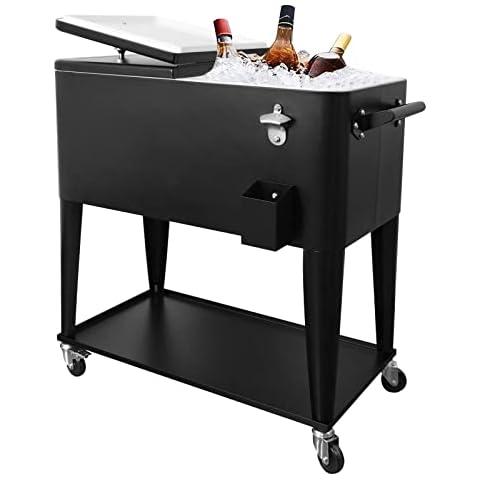 SHAREWIN 80 Quart Rolling Cooler Cart with Shelf, Bottle Opener, and Wheels, Black Cover