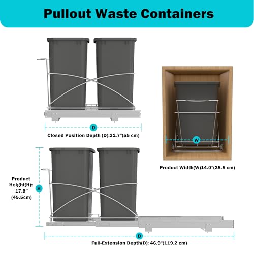 Image of Pull Out Trash Can Under Cabinet 35QT Capacity 14 inch Wx22 D, Gray