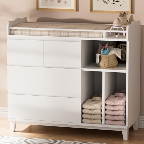 HPWLYO Nursery Dresser with Changing Table Top, Tall Changing Table Dresser of Bedroom, Wooden Dressers & Chests of Drawers, 4 Drawers with 2 Open Shelves, White