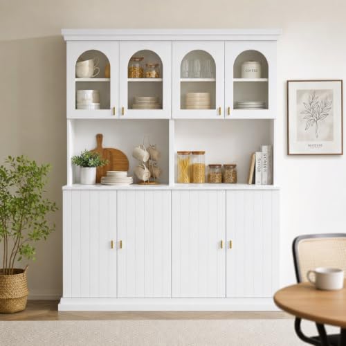 Image of ivaniti 71 inch Farmhouse Kitchen Pantry Cabinet Set of 2 with Arched Glass Doors, White Freestanding Coffee Bar Hutch with Microwave Stand and Adjustable Shelves for Kitchen