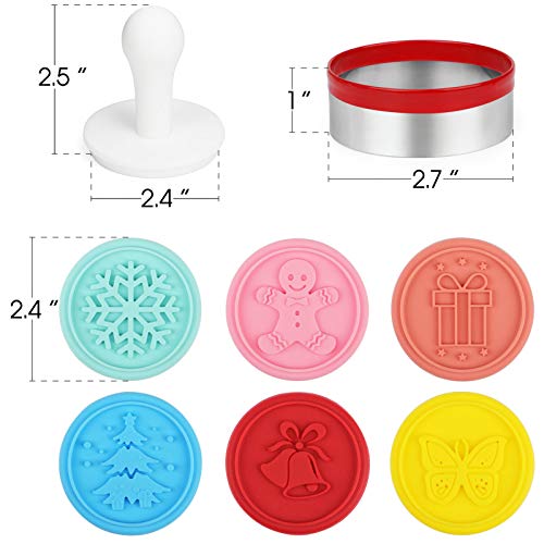 FANGSUN Christmas Cookie Stamps Sets, 6 Silicone Stamps, 1 Stainless Steel Round Cookie Cutter, 1 Plastic Cookie Press (Multi)