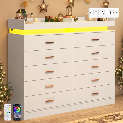 Image of jiteentarou 5 Drawer Dresser with Charging Station and LED Lights, Modern Chest of Drawers with Power Outlet, Organizer Cabinet for Bedroom, Living Room, Entryway, White