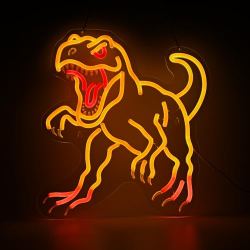 Image of Dinosaur Neon Wall Light - Gold T-Rex LED Decor for Man Cave, Game Room, Dinosaur Party, Gifts for Men /Teens, 14.5x13.6 inch USB Powered