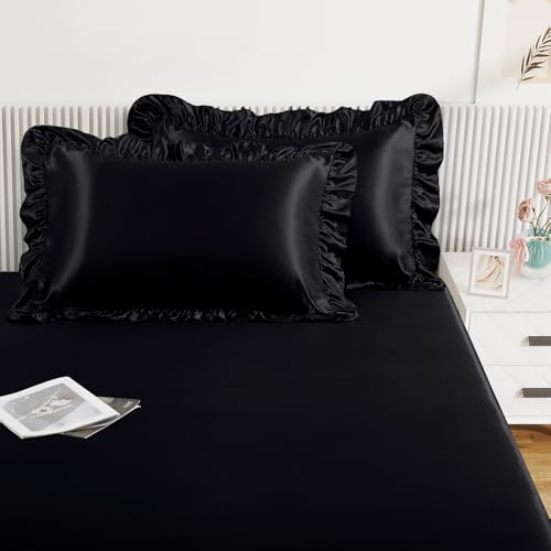 Image of Homiest Black Twin Ruffle Pillowcase & Satin Fitted Sheet Set 2Pcs | Silky Satin Protects Hair And Skin, 15-Inch Deep Pocket, Pearlescent Sleek Dramatic Shine, Easy Machine Wash Care