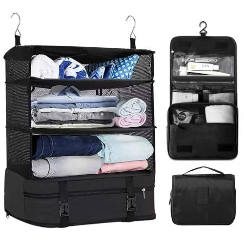 Dokeno Organisateur de Valises Suspendu avec Pochette Cosmétique, Cubes d'Emballage de Voyage Sac de Rangement Système d'Organisation pour Valises, Organiseurs de Bagage pour Voyage Noir