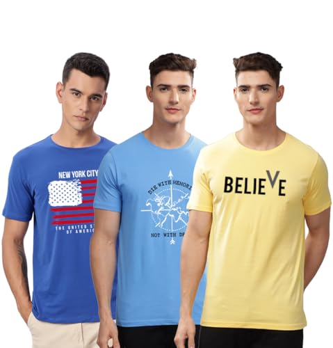Image of ADRO 100% Cotton Lycra Tshirts for Men Combo Pack of 3 | Regular Fit | Printed T Shirt | Round Neck Half Sleeve| Mens Tshirts