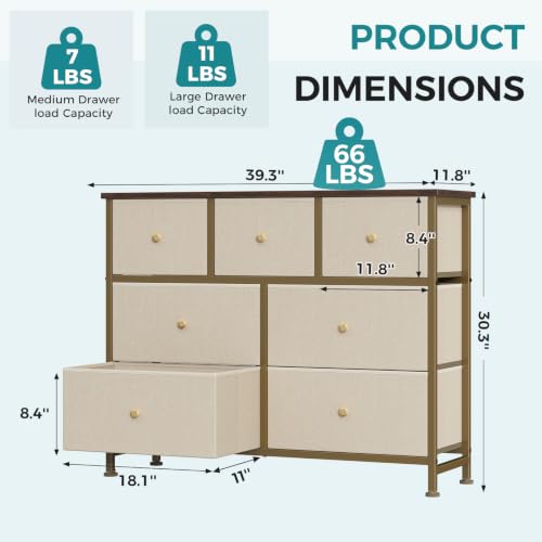Image of OLIXIS 7 Drawer Dresser for Bedroom, Tall Fabric Storage Tower with Sturdy Steel Frame and Wooden Top, Large Dresser for Living Room Entryway with Easy Pull Fabric Bins,Khaki