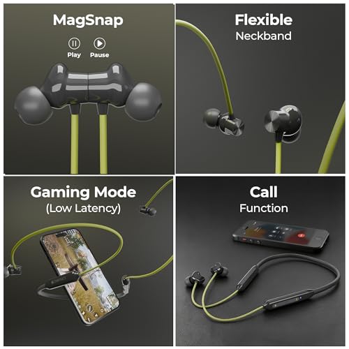 Image of Zebronics Escape 80 Wireless Neckband, 18H Playback, 10mm Drivers, Type-C Charging with Built-In Battery, Rapid Charging, MagSnap, ENC, Gaming Mode, Dual Pairing, BT v5.3, Voice Assistant (Green+Grey)