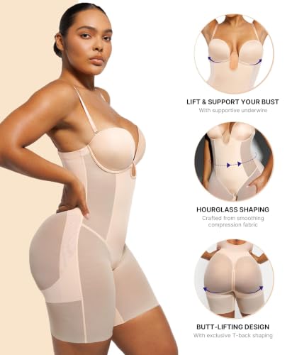 Image of SHAPELLX Strapless Shapewear for Women Deep Plunge Corset Tummy Control Backless Bodysuit Mid Thigh Full Body Shaper