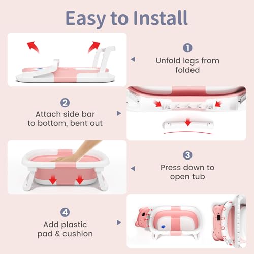 Image of Collapsible Baby Bathtub for Newborn to Toddler (0-18 Months) - Foldable Baby Bath Tub with Soft Towel, Newborn& Infant Bathtub for Travel and Outdoor, Pink