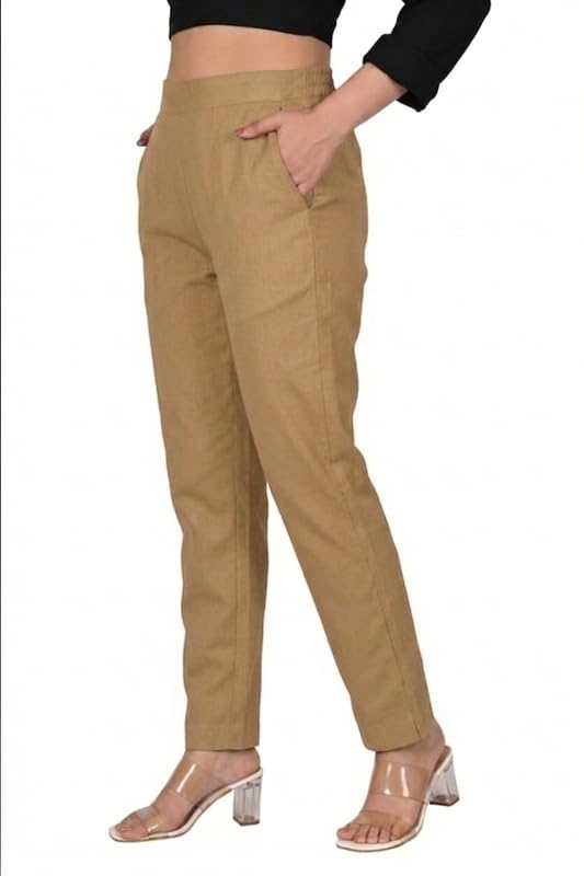Image of Solid Cotton Woman Trousers Pants Regular Fit Kurti Pant with Drawstring Daily Office Formal Casual Use