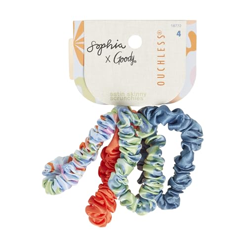 Goody X Sophia Yeshi Hair Ties, Ouchless Satin Scrunchies, Damage Free Scrunchies, Thin & Frizz-Free Hold, Gentle Styling Accessories for Women, Men & Family, All Hair Types, Multicolor, 4 Ct