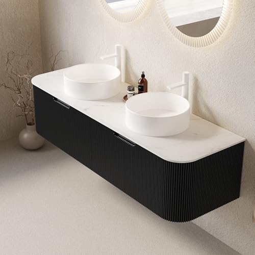 Image of KEIKI 60 inch Bathroom Vanity with Sink, Wall-Mounted Floating Bathroom Vanity with Curved Edge Striped Front, 2 Drawers & 2 Round Ceramic Basins, Pre-Assembled Storage Cabinet, Black