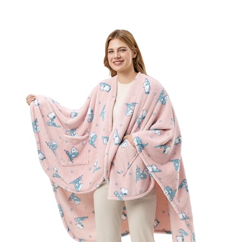 Berkshire Peanuts Wearable Throw Snoopy Print PrimaLush Plush Shawl Blanket Cozy & Stylish Wrap for Lounging Travel or Gifting 58 x 64 Snoopys Nighttime Blanket Stars Blush