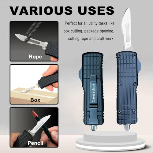 Image of Automatic Folding Utility Scalpel Knife For Men | Self Retracting Pocket Knife, Auto Retractable Box Cutter Push Button, Come with 10pcs #24 Replaceable Blades, With Clip