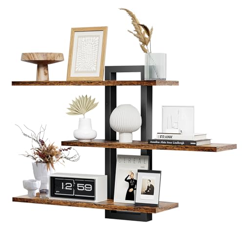 THCTYRP 壁用フローティングシェルフ 3段 木製 壁掛け棚 収納ラックバスルーム・寝室・リビング対応 調節可能 耐荷重設計 植物や本や写真用の装飾ウォールシェルフ（ブラウン3層）