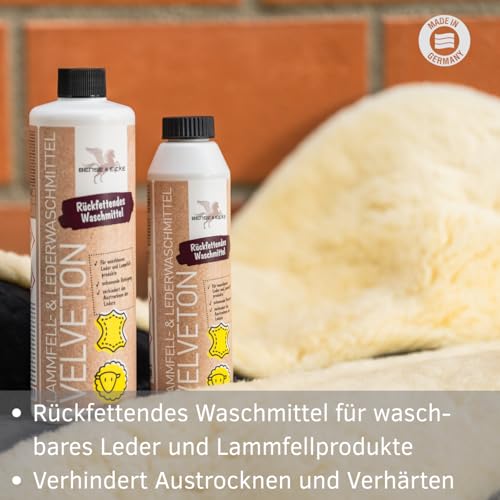 Bense & Eicke Velveton Lammfell- & Lederwaschmittel - für Waschmaschine und Handwäsche, reinigt, pflegt und rückfettet waschbares Leder, 250ml