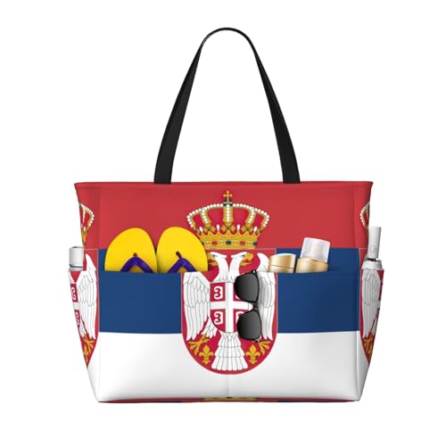 Flag Of Serbia Print Each Travel Bag Large Capacity Tote Bags Foldable Pool Bag Zipper Handbags Vacation