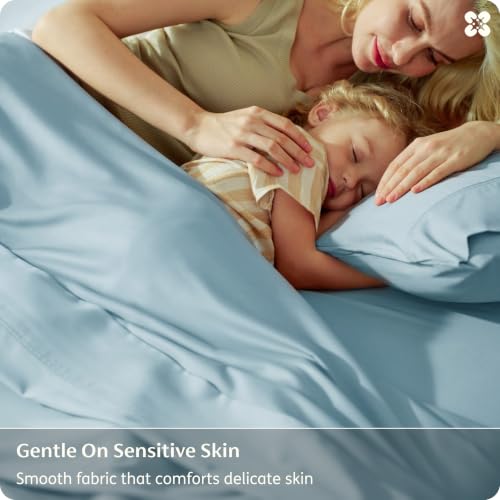 Image of Bedsure 100% Organically Grown Bamboo Viscose King Size Sheets Set | Cooling Bedsheets for Hot Sleepers | Luxury Silky Soft PureWoven | 18 inch Deep Pocket with Corner Straps | Oeko-Tex [Light Blue]
