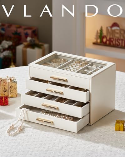 VLANDO Schmuckkästchen Groß, Schmuckkasten mit 4 Ebenen, Schmuck Organizer mit Glasdeckel, 4 Schubladen,für Halsketten, Ohrringe, Uhren, Armbänder, Schmuckaufbewahrung, Modern, Cinderella Plus, Beige